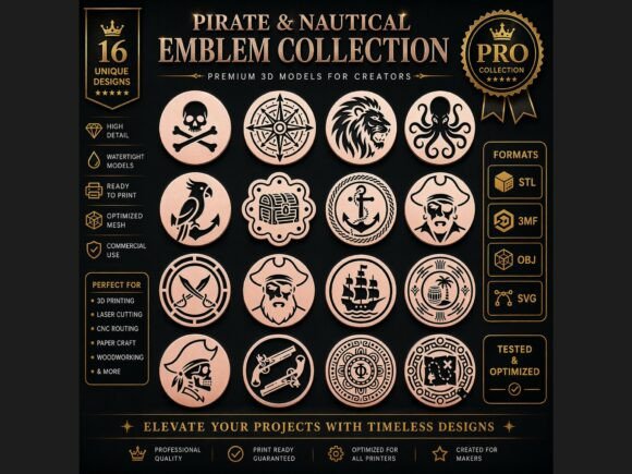 16 Pirate Nautical Emblems CNC 3D Pack: A Professional Toolkit for Maritime Projects