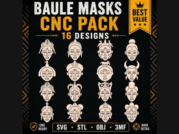 Explore Cultural Elegance: The 16 Baule African Masks CNC 3D Pack